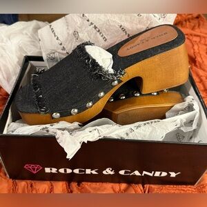 Rock & Candy Black Denim Studded Mules NEW